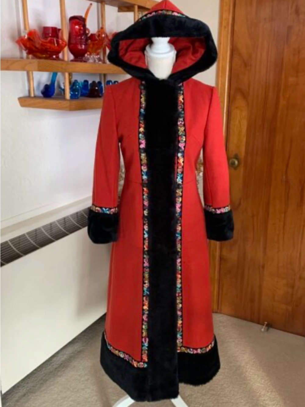 Vintage Russian Princess/ Red Riding Hood Long Wool Coat with Black Fur Trim